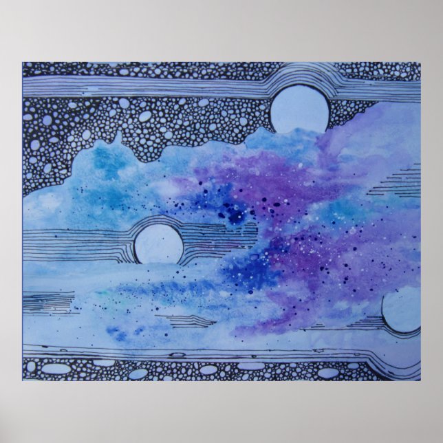 Poster Abstrait Art Blue Moon rose et gris (Devant)