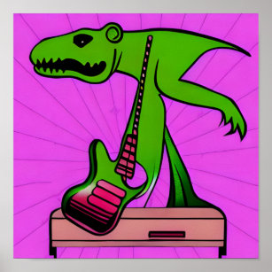 Poster Abstrait Dinosaure Vert Jouant Guitare