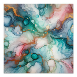 Poster Abstrait en rose, sarcelle, bleu et or