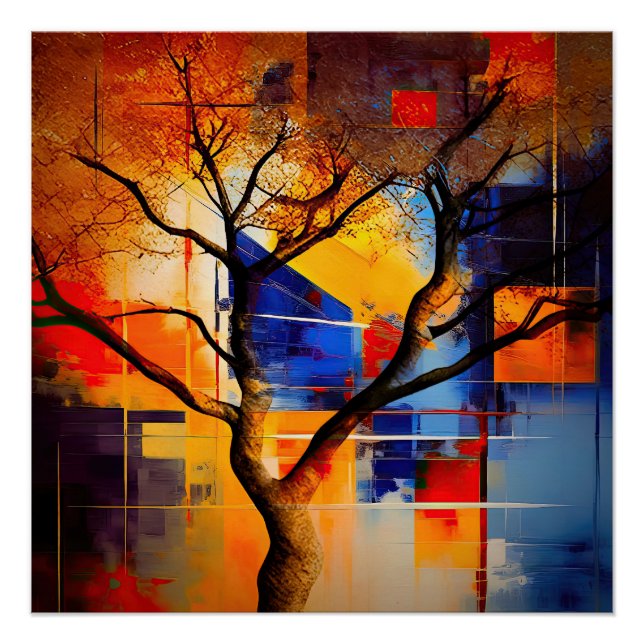 Poster Abstrait géométrique moderne avec arbre (Devant)