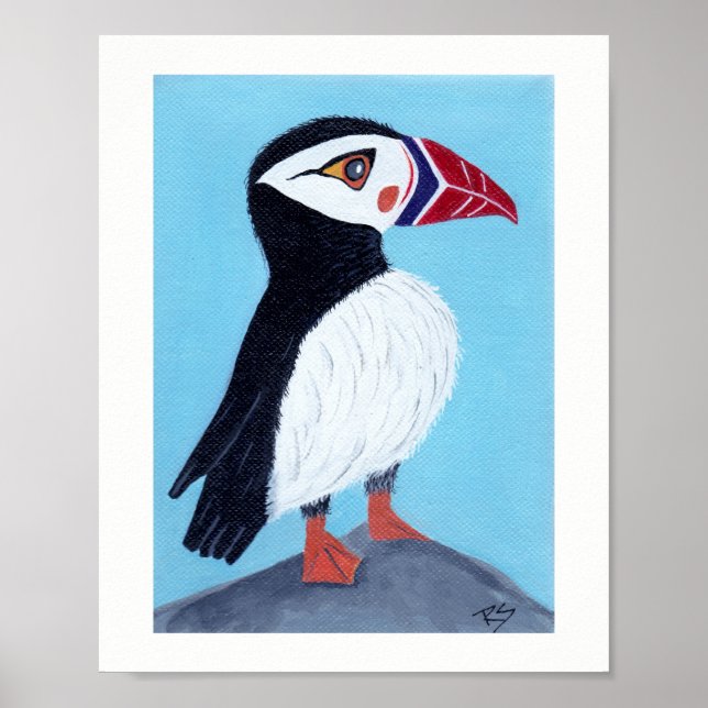 Poster Abstrait Puffin Folk Art (Devant)