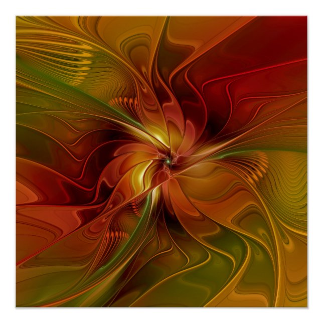 Poster Abstrait Rouge Orange Brown Vert Fractal Art Flowe (Devant)