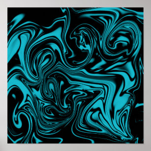 Poster Abstrait Turquoise Et Black Liquid Art
