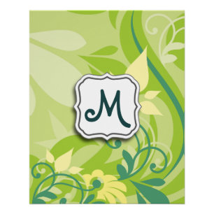 Poster Abstraite flamme florale vert avec Monogramme