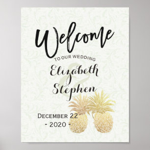 Poster Accueil mariage Réception Vintage Ananas en or