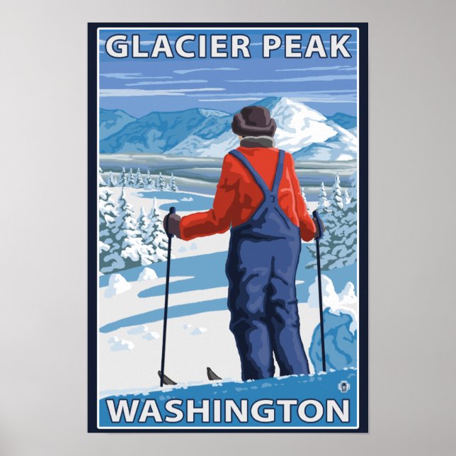 Poster Admirant skieur - Glacier Peak, Washington (Devant)