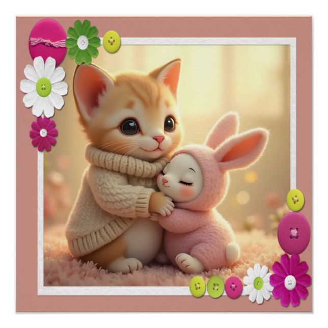 Poster adorable chaton et petit lapin, (Devant)