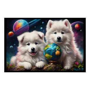 Poster Adorable Fluffy Samoyé Puppies, Paix sur Terre