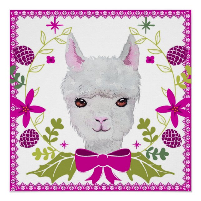 Poster Adorable Llama Bébé Blanc Avec Fuchsia Rose Vert (Devant)