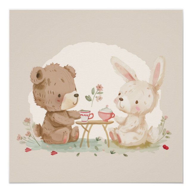 Poster Adorable ours en peluche et lapin ayant le thé - A (Devant)