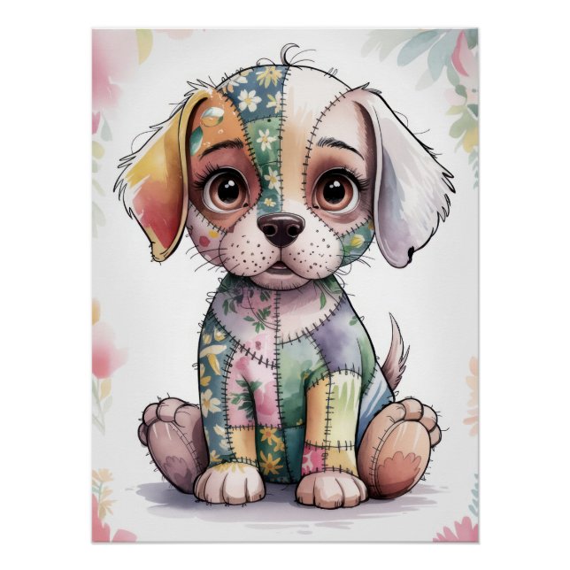 Poster Adorable Patchwork Puppy with Big Eyes - Whimsical (Devant)