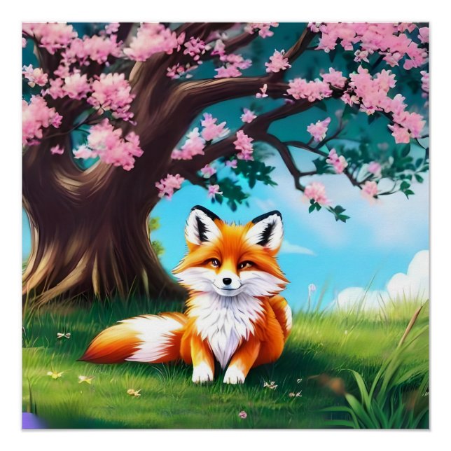 Poster Adorable Renard assis sous l'arbre (Devant)