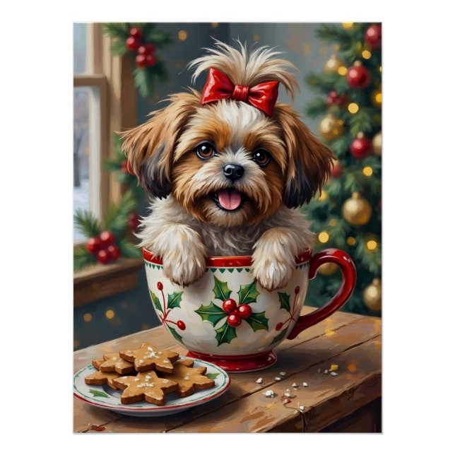 Poster Adorable Shih Tzu Dog in Christmas Mug Cozy Art (Devant)