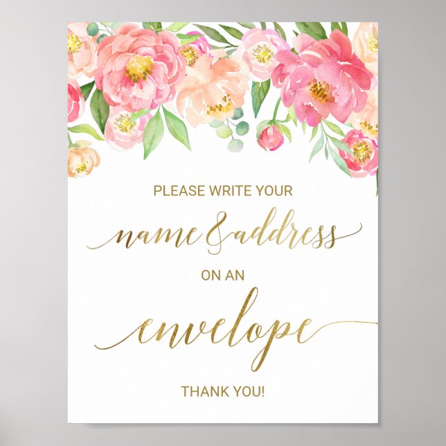 Poster Adresse Pêche et Pivoine Rose sur une Enveloppe Pa (Devant)