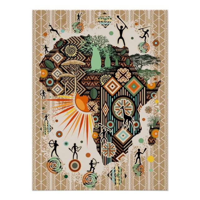 Poster Africa Map Decorative Tribal Elements Pattern (Devant)
