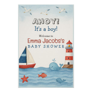 Poster Ahoy C'est un garçon Baby shower nautique Bienvenu
