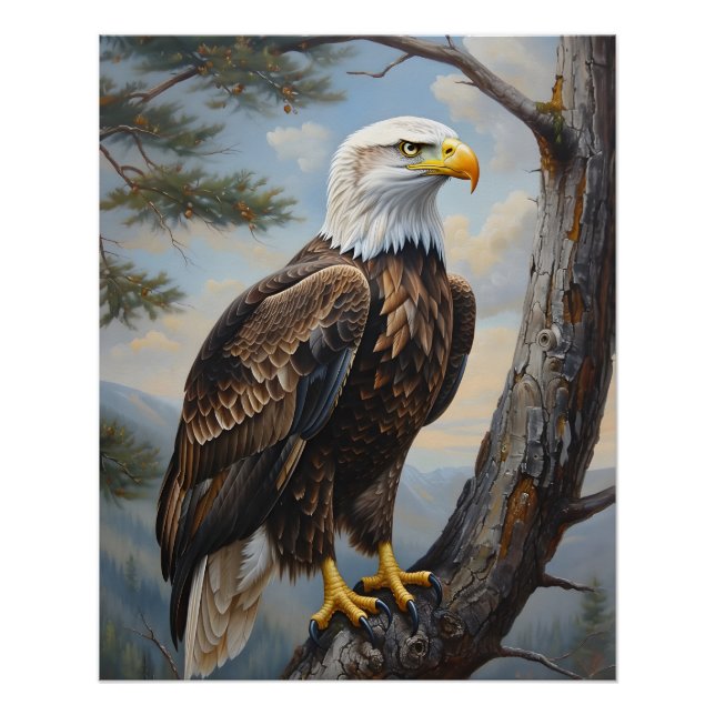 Poster Aigle Bald Perché Sur Un Arbre Peinture À L'Huile (Devant)