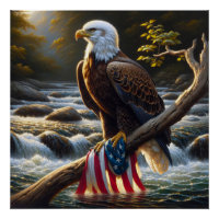 Aigle et drapeau américain sur une branche d'arbre