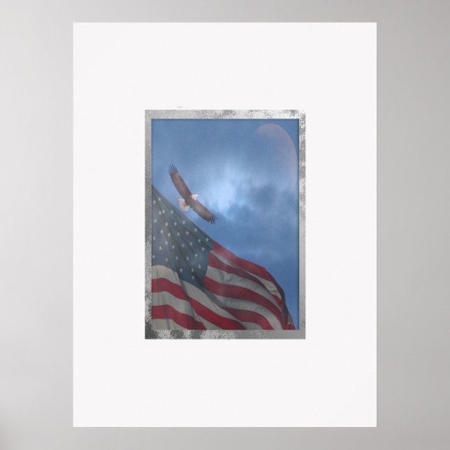 Poster Aigle volant avec lune et drapeau américain (Devant)