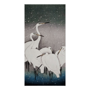 Poster Aigrettes japonaises Grues Oiseau Hiver Neige Art