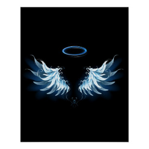 Poster Ailes d'ange lumineuses bleues sur fond noir