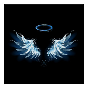 Poster Ailes d'ange lumineuses bleues sur fond noir