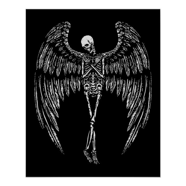 Poster Ailes d'ange squelettiques en noir et blanc (Devant)