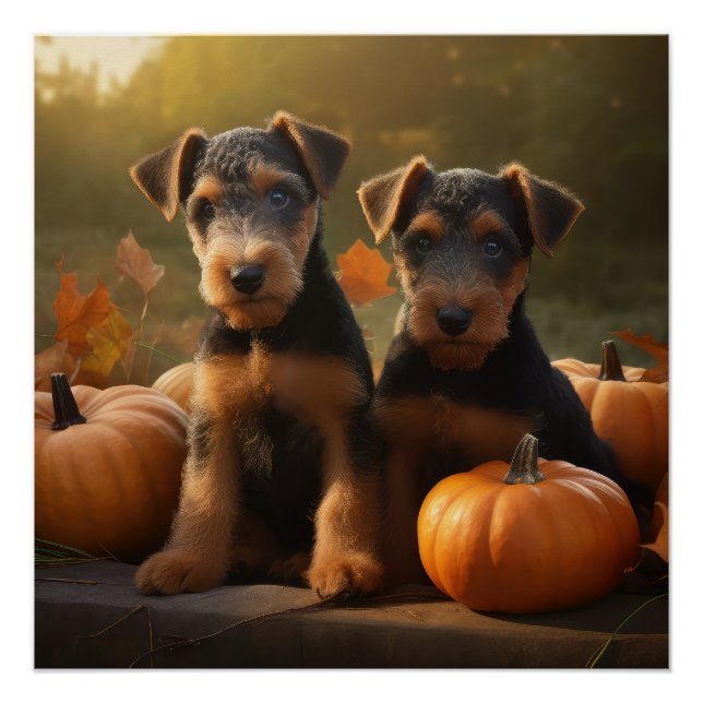 Poster Airedale Chiot Automne Citrouille délice (Devant)
