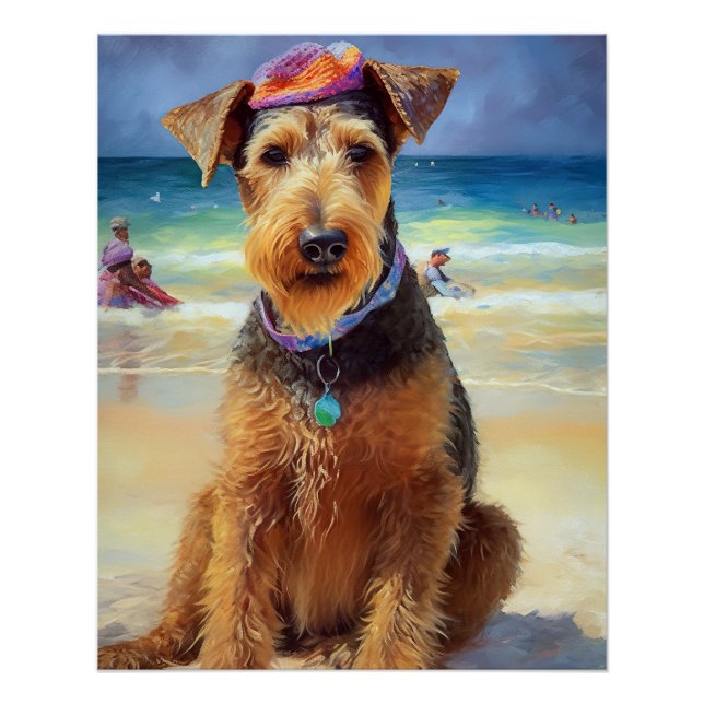 Poster Airedale sur la plage, cadeau d'été pour les amour (Devant)