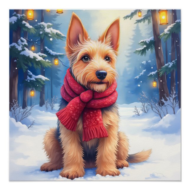 Poster Airedale Terrier aquarelle Noël enneigé (Devant)
