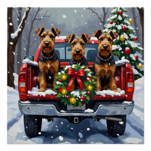 Poster Airedale Terrier Noël Camion Rouge Fêtes