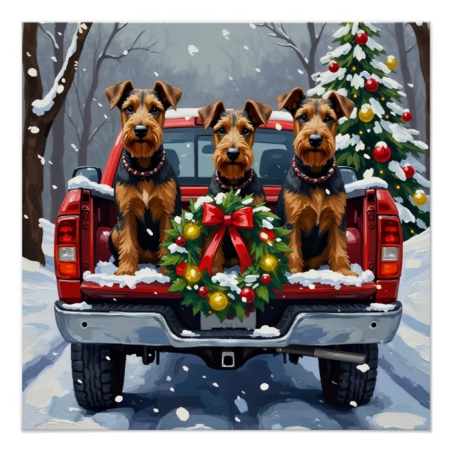 Poster Airedale Terrier Noël Camion Rouge Fêtes (Devant)