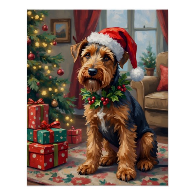 Poster Airedale Terrier Santa Hat Christmas Fun Art (Devant)