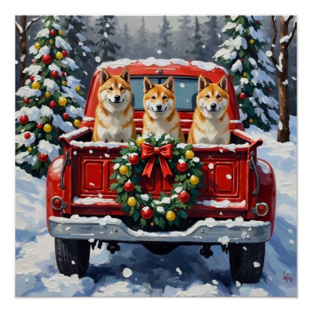 Poster Akita Christmas Red Truck Holiday (Devant)