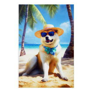 Poster Akita sur la plage, cadeau d'été pour les amoureux