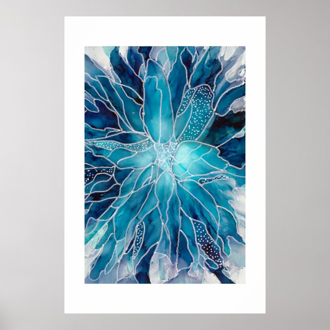 Poster - Alcohol Ink Art Blue White Flower (Devant)