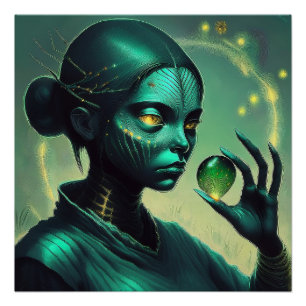 Poster Alien Lady détient un objet en verre transparent