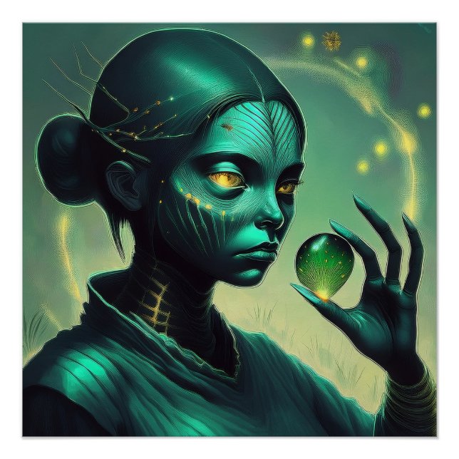 Poster Alien Lady détient un objet en verre transparent (Devant)