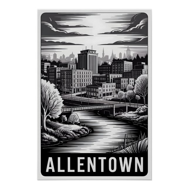 Poster Allentown Pennsylvanie Skyline Noir Blanc Gravure  (Devant)