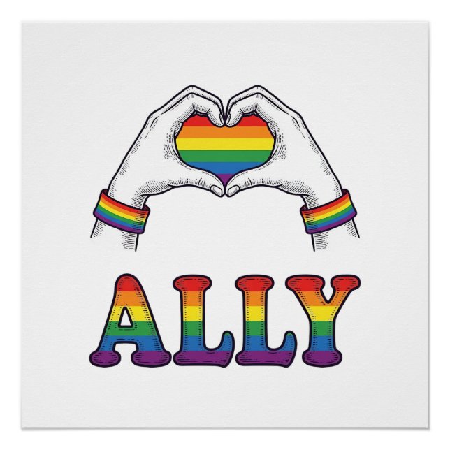 Poster Ally Rainbow Hands Heart Vintage Pride Conception  (Devant)