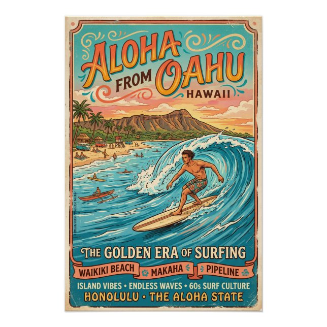 Poster Aloha Oahu Surfing  (Devant)