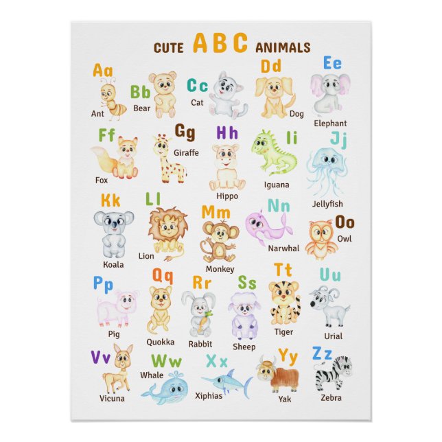 Poster Alphabet Animal ABC Mets animaux (Devant)