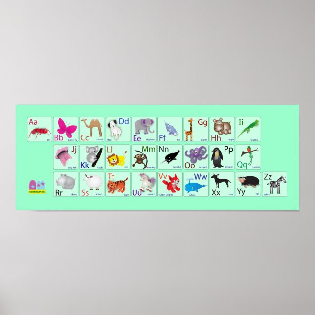 Poster Alphabets animaux sur vert (Devant)