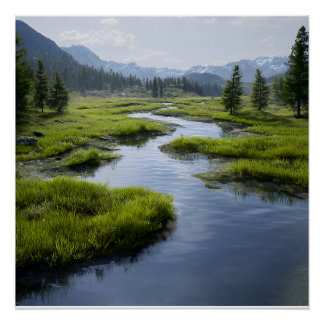 Poster Alpine Valley Stream Green Meadows Snowy Peaks