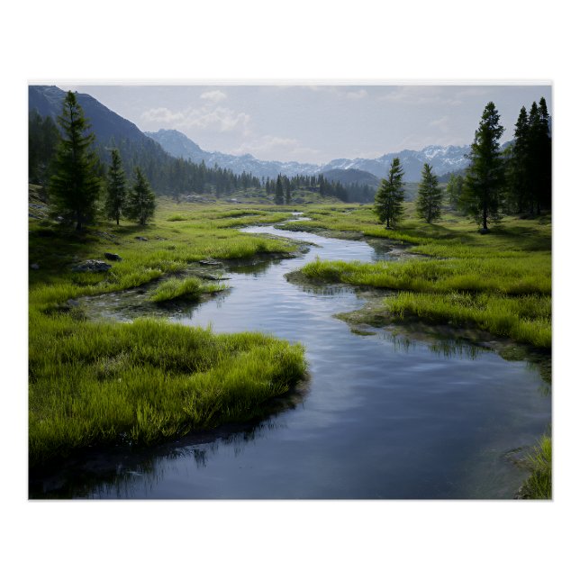 Poster Alpine Valley Stream Green Meadows Snowy Peaks (Devant)