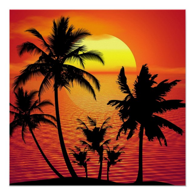 Poster Amazing sunset with palms on tropical beach (Devant)