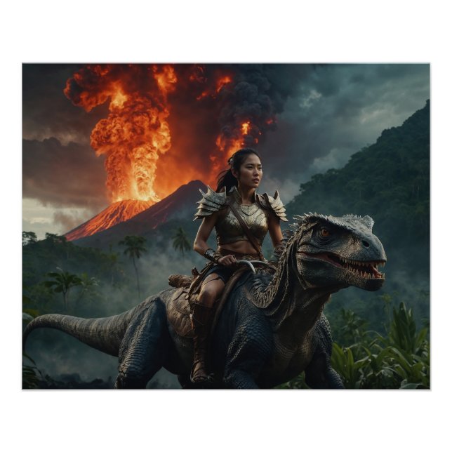 Poster Amazone sur les dinosaures au large du volcan (Devant)