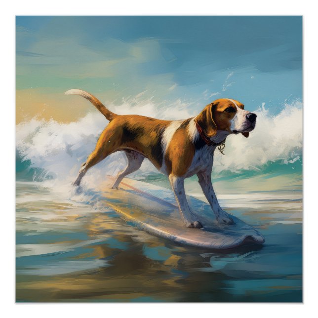 Poster American Engligh Foxhound Beach Surfing Paining (Devant)