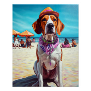 Poster American English Foxhound on Beach, cadeau d'été