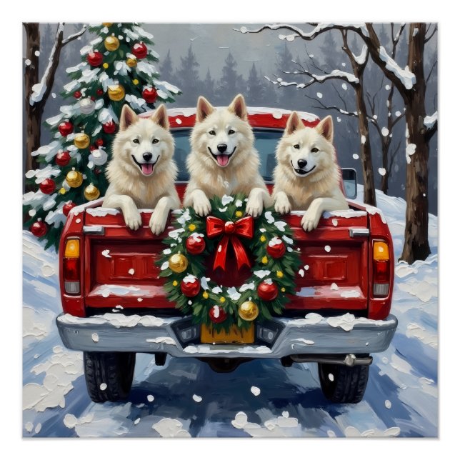 Poster American Eskimo Dog Christmas Red Truck Holiday (Devant)